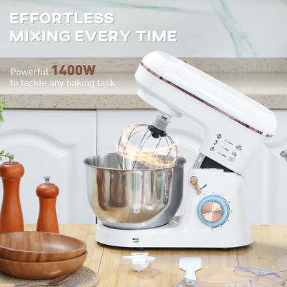 HOMCOM white stand mixer with stainless steel bowl and wire whisk attachment