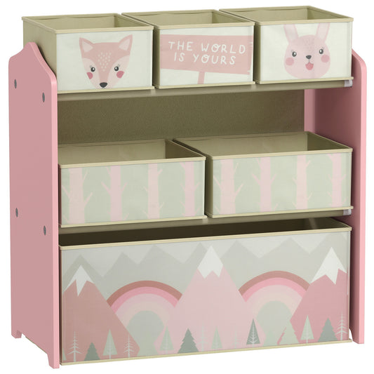 Photo of ZONEKIZ Kids Storage Unit, Toy Storage Organiser, with Six Fabric Bins, for Bedrooms, Playrooms, Nurseries - Pink in Pink colour on a white background