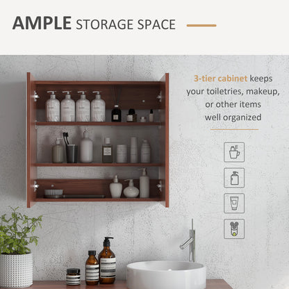 Open dark wood mirror cabinet with three shelves holding toiletries and personal care items.