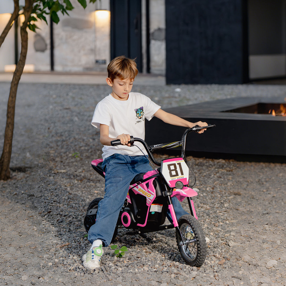 AIYAPLAY Kids Electric Motorbike, 24V Ride On Motorcycle with 3 Speeds and Rear Suspension, Dirt Bike for 8-12 Years Old, Pink
