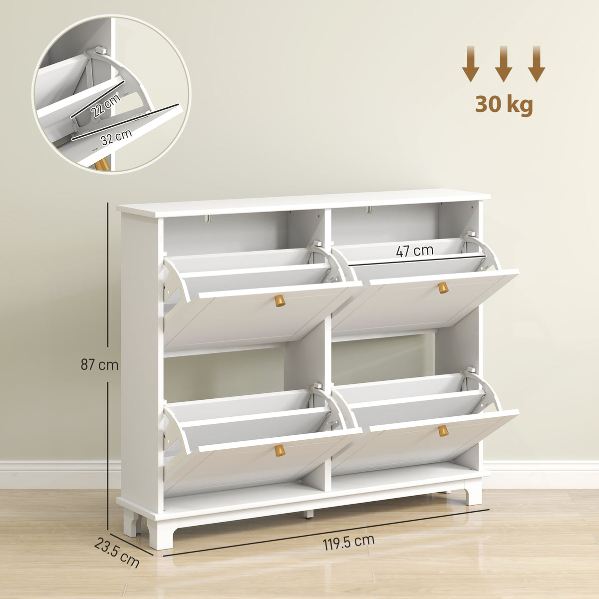 White shoe cabinet with four flip drawers, shown with dimensions and weight capacity