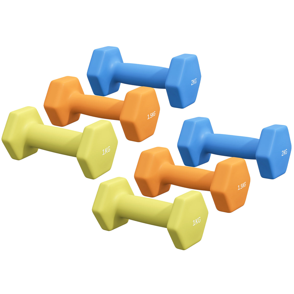Photo of SPORTNOW 2 x 1kg, 2 x 1.5kg and 2 x 2kg Hexagonal Dumbbells Weights Set with Non-Slip Grip for Home Gym Workout in Workout colour on a white background