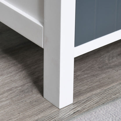 HOMCOM storage tower detail showing its white frame leg and gray drawer front