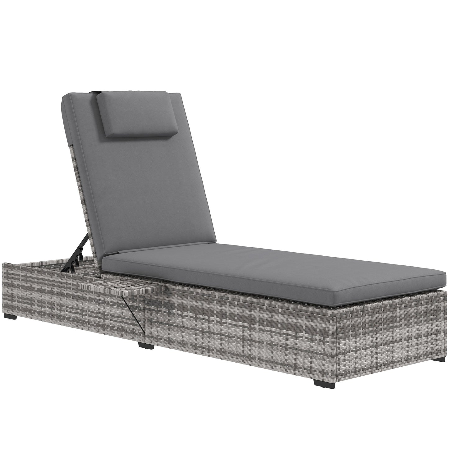 Photo of Outsunny Outdoor Patio PE Rattan Lounger with Cushion, 5-Level Reclining Wicker Rattan Sun Lounger with Tea Tray, for Poolside, Patio, Deck, 120kg Weight Capacity, Grey in Grey colour on a white background