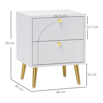 White two-drawer bedside table with gold knobs and tapered legs; dimensions shown