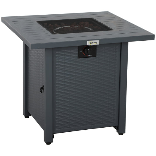 Photo of Outsunny Rattan-style Propane Gas Fire Pit Table with 40,000 BTU Burner, Square Smokeless Firepit Patio Heater with Thermocouple, Lava Rocks, Waterproof Cover, Spark Guard and Lid, Grey in Grey colour on a white background