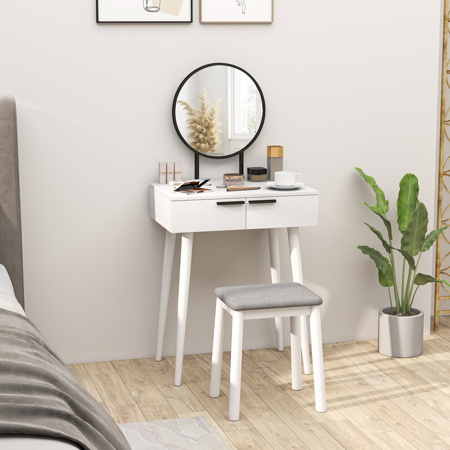 HOMCOM Modern Dressing Table with Round Mirror and Stool, Makeup Vanity Table with 2 Drawers for Bedroom, Living Room, 60 x 40 x 123 cm, White