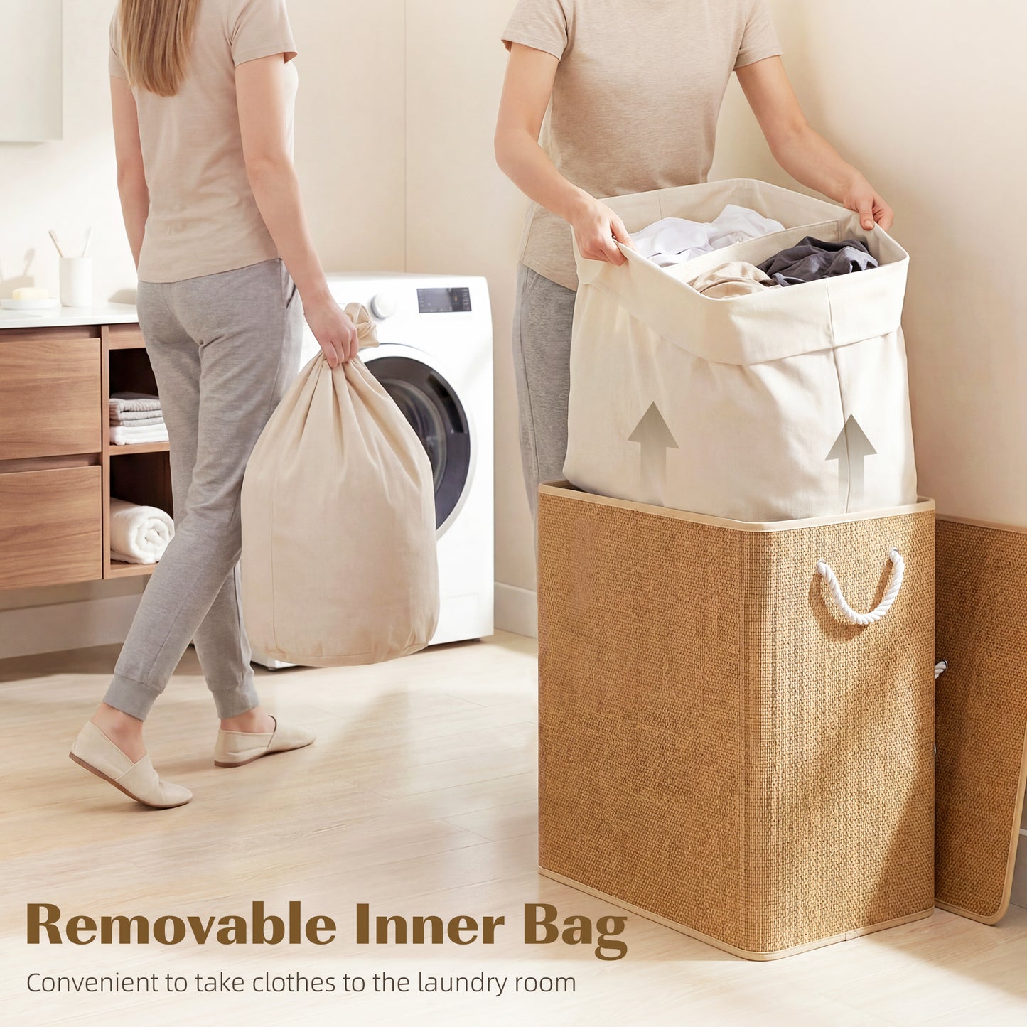 HOMCOM 2 Section Laundry Basket with Lid, 100L Bamboo Laundry Hamper with Handles, Removable and Washable Liner, Brown