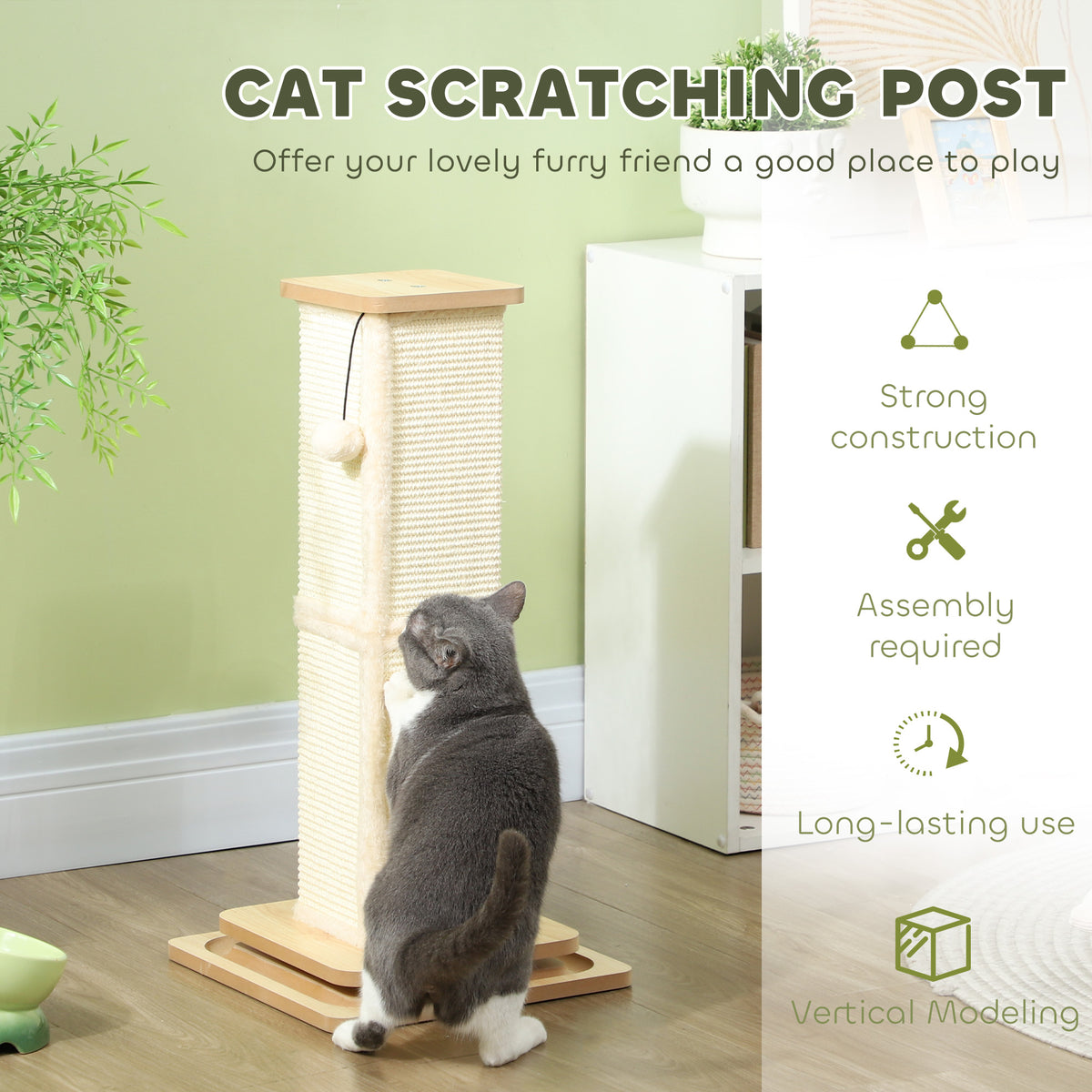 PawHut vertical cat scratching post with a hanging ball toy and layered base