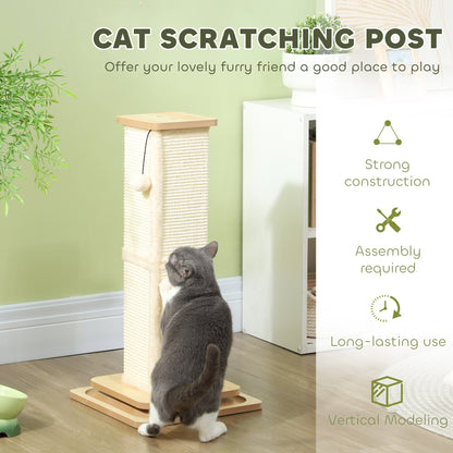 PawHut vertical cat scratching post with a hanging ball toy and layered base