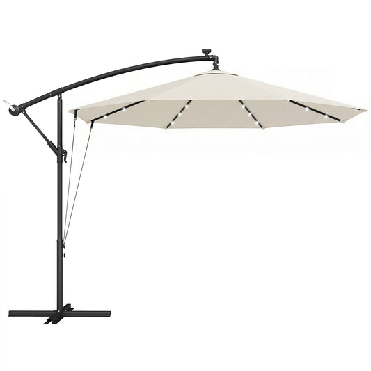 Photo of Outsunny 3 m Cantilever Parasol with Solar LED Lights Garden Umbrella with Cross Base, Cream White in White colour on a white background
