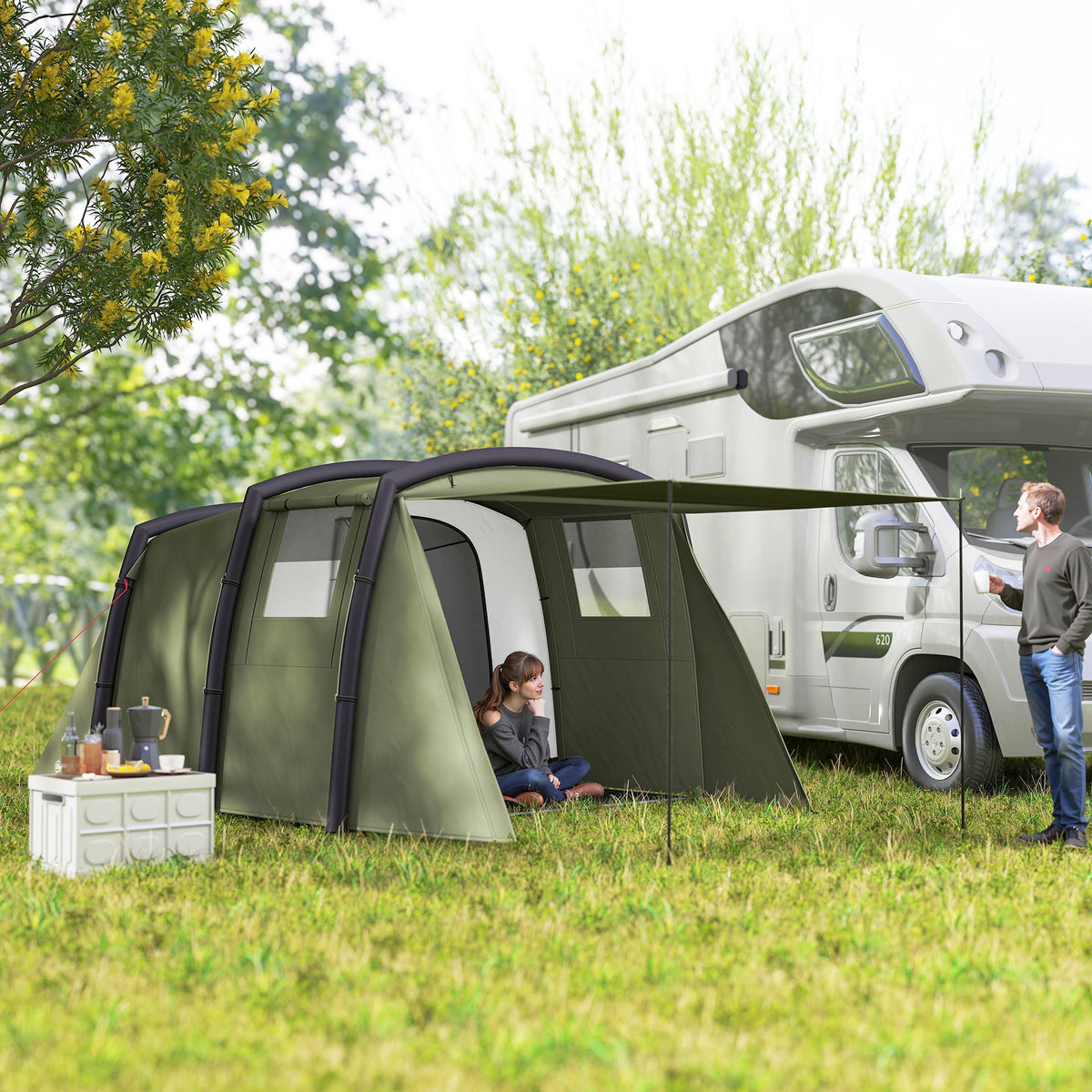 Outsunny Inflatable 3 Man Tunnel Tent w/ Air Pump, Living Area & Vestibule, Waterproof Family Camping Air Tent, Groundsheet, Removable Footprint for Hiking, 440L x 280W x 195Hcm, Olive Green
