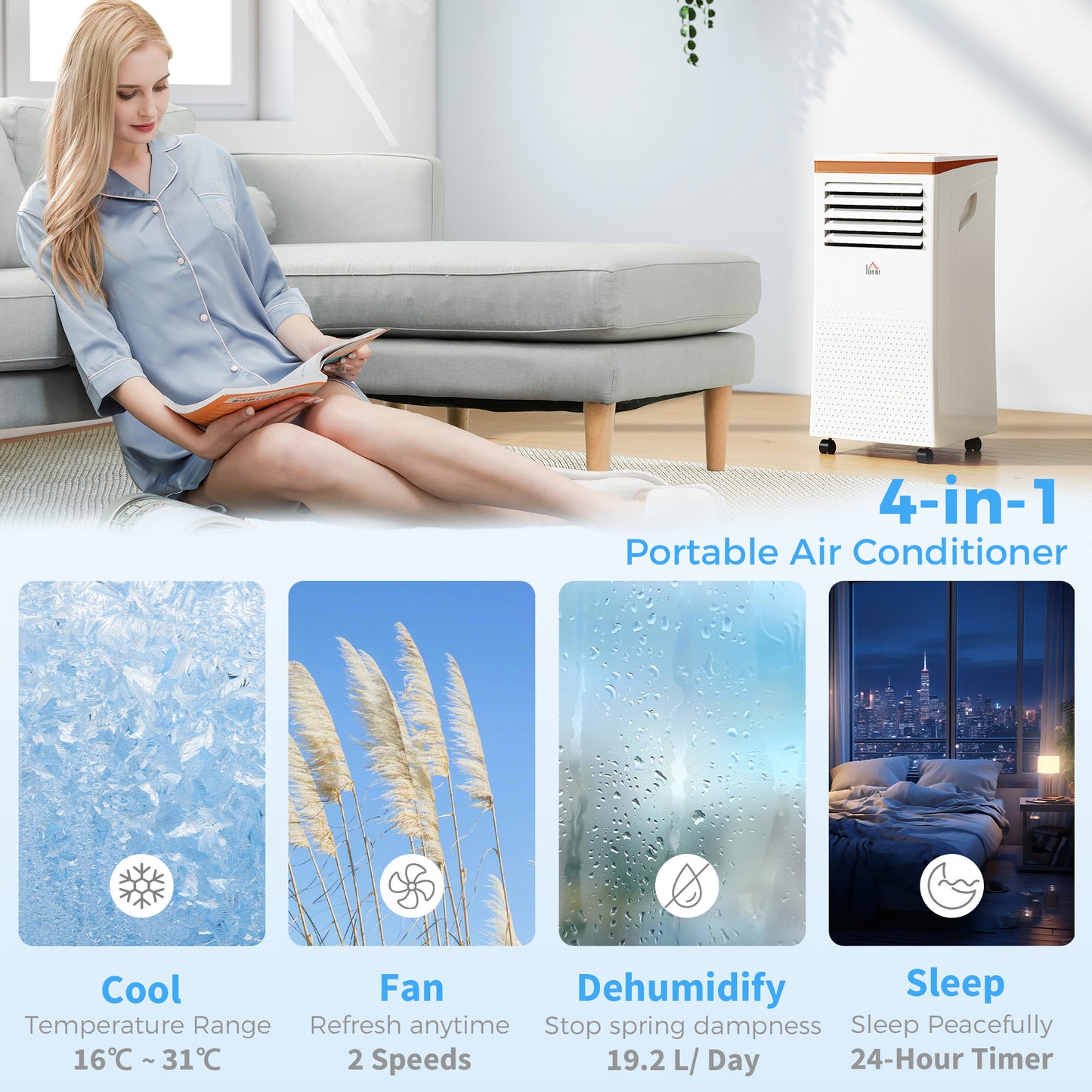 HOMCOM Portable Air Conditioner 7000 BTU, 4-in-1 Air Conditioning Unit with Cooling, Fan, 19.2L/Day Dehumidifier & Sleep Mode, LED Display, Remote Control, 24H Timer, Window Kit for Rooms up to 26㎡