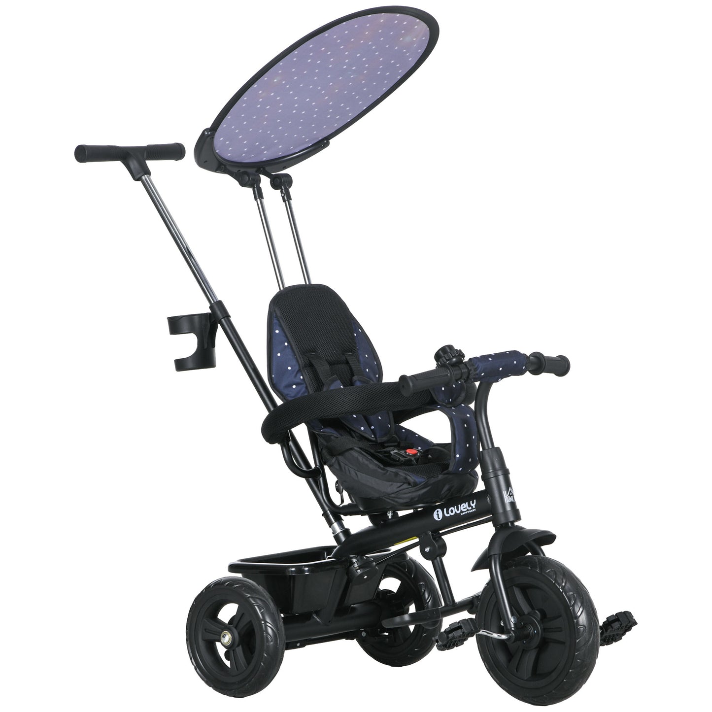 Photo of HOMCOM 6 in 1 Tricycle for Kids with 5-point harness straps, Removable Canopy, Dark Blue in Blue colour on a white background
