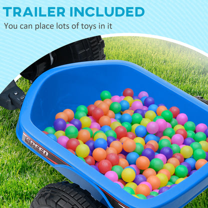 Blue quad bike trailer with raised sides, shown filled with colorful balls.