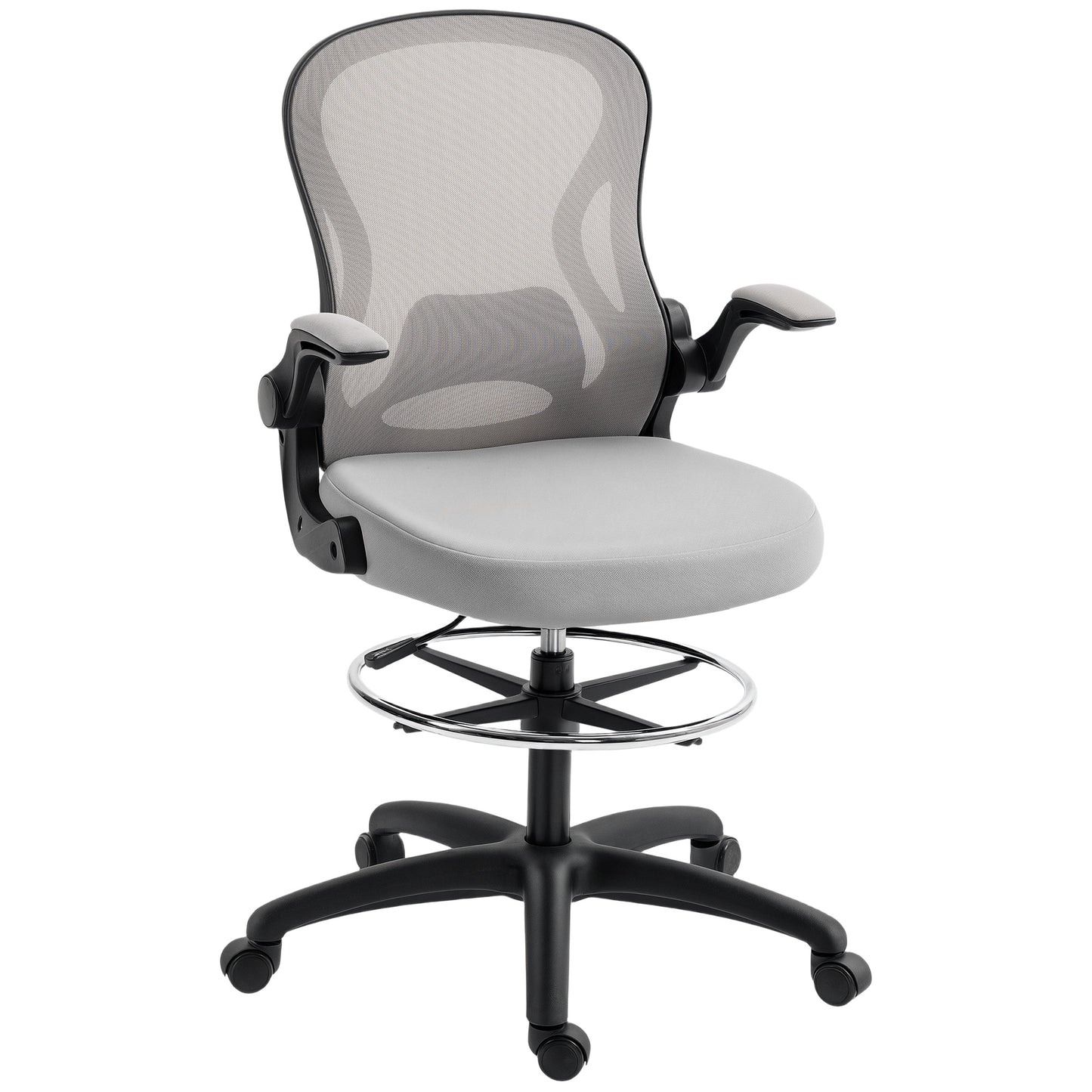 Photo of Vinsetto Adjustable Mesh Standing Desk Chair with Flip-up Armrests Lumbar Support Armrests Adjustable Footrest Ring Grey in Grey colour on a white background