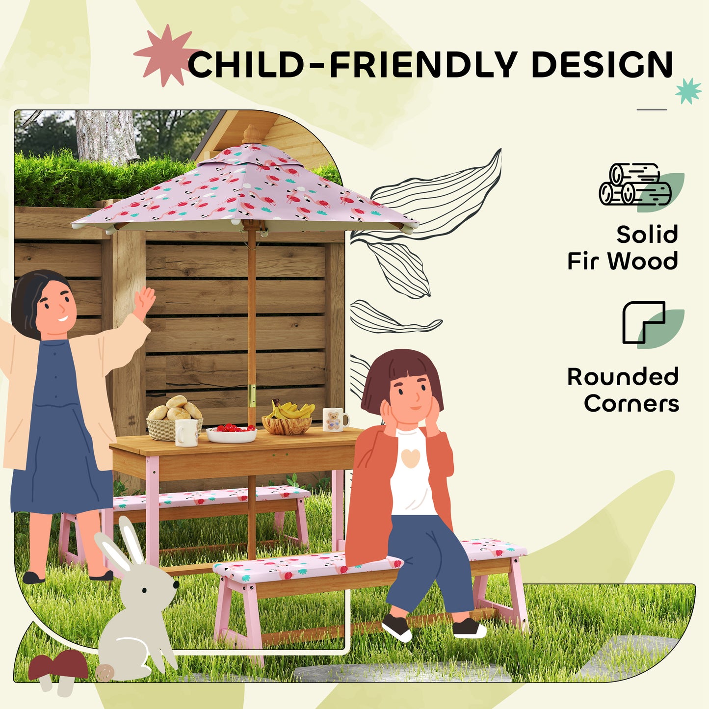 AIYAPLAY Kids Picnic Table Set with Removable & Foldable Umbrella, Cushions, Storage Boxes, Flamingo Theme, Pink