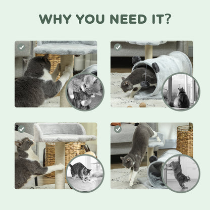 Grey cat tree shown with cats using the scratching post, bed and tunnel