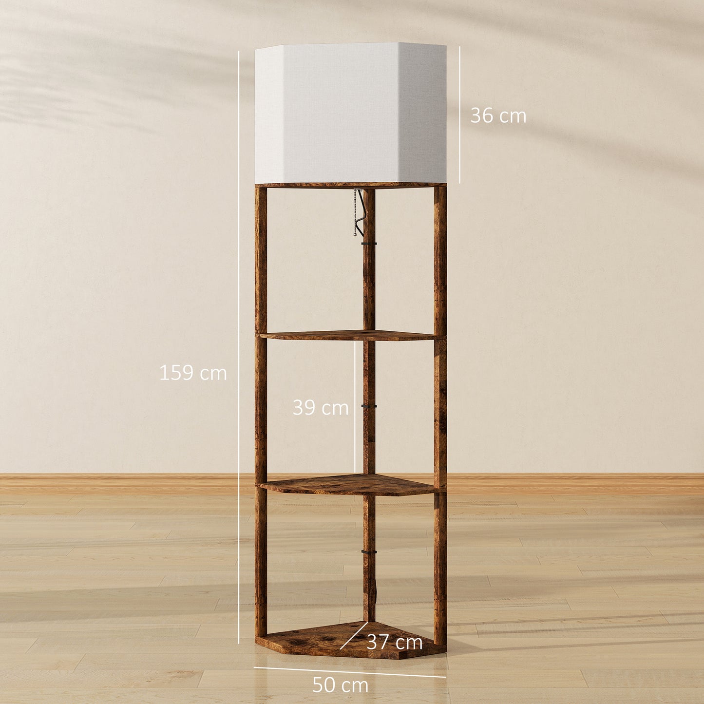 HOMCOM Corner Floor Lamp with Shelves, Tall Standing Lamps for Living Room, with Pull Chain Switch Bulb not Included, Rustic Brown