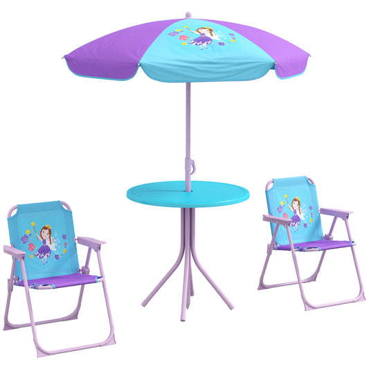 Photo of Outsunny Kids Picnic Table and Chair Set, Fairy Themed Outdoor Garden Furniture w/ Foldable Chairs, Adjustable Parasol in Parasol colour on a white background