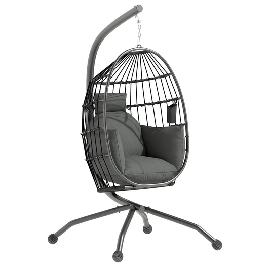 Photo of Outsunny Hanging Egg Chair Outdoor Indoor Garden Swing Chair with Folding Basket and Thickened Cushion, Garden Hanging Chair with Stand, Headrest, Cup Holder for Patio, Balcony, Dark Grey in Grey colour on a white background