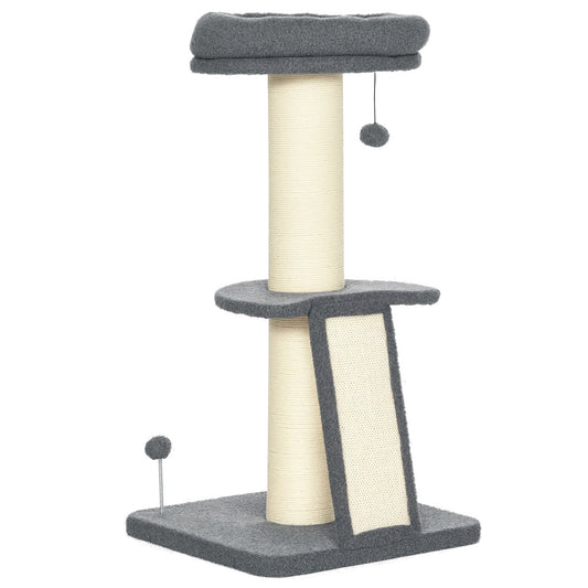 Photo of PawHut Cat Tree Tower with Scratching Posts, Pad, Bed, Toy Ball-Dark Grey in Grey colour on a white background