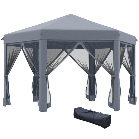 Photo of Outsunny 3.8m x 3.2m Pop Up Gazebo Hexagonal Canopy Tent Outdoor Sun Protection with 6 Mesh Sidewalls, Hand Bag, Grey in Grey colour on a white background