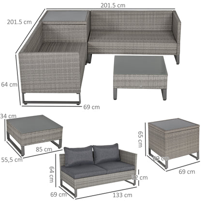 Gray wicker garden furniture set with loveseat, storage box and table; dimensions shown