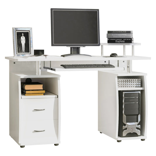 White computer desk with monitor, keyboard tray, raised shelf, drawers, and CPU tower.