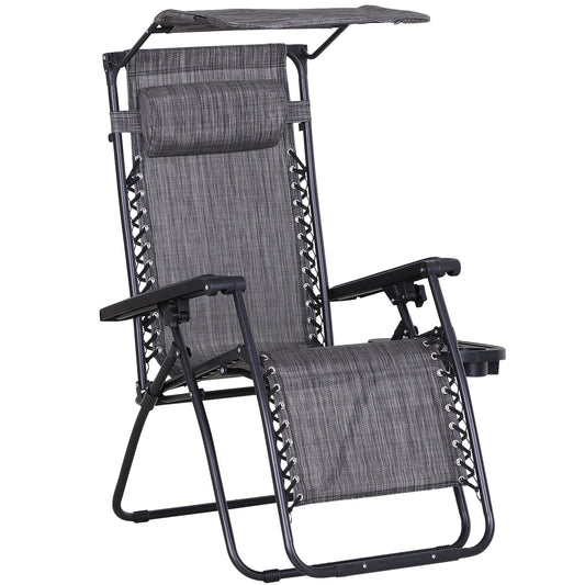 Photo of Outsunny Foldable Reclining Garden Chair with Headrest, Zero Gravity Deck Sun Lounger Seat Chair with Footrest, Armrest, Cup Holder & Canopy Shade, Grey in Grey colour on a white background