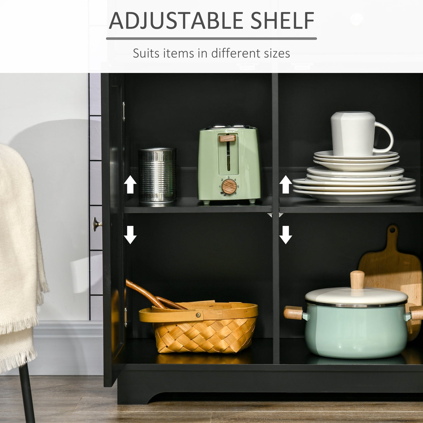 HOMCOM Sideboard with Rubberwood Top and Adjustable Shelves for Dining Room, Kitchen - Black