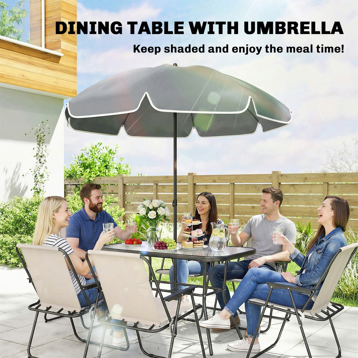 Outsunny 8 Piece Garden Dining Set with Umbrella Garden Furniture Set with 6 Folding Chairs, Tempered Glass Table for Patio Cream