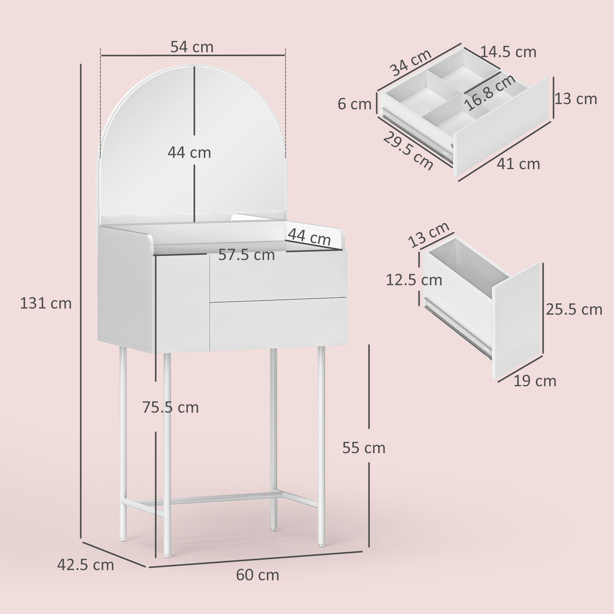 White dressing table with arched mirror, three drawers and labeled dimensions
