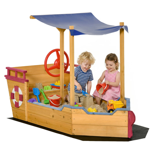 Photo of Outsunny Sand Pit, Kids Wooden Sandbox Pirate Ship, Sandboat Play Station with Canopy Shade, Storage Bench and Bottom Liner for Outdoor Garden in Garden colour on a white background