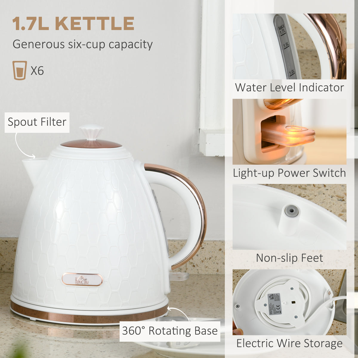 White 1.7L kettle with rose-gold trim, water gauge, spout filter and 360-degree base