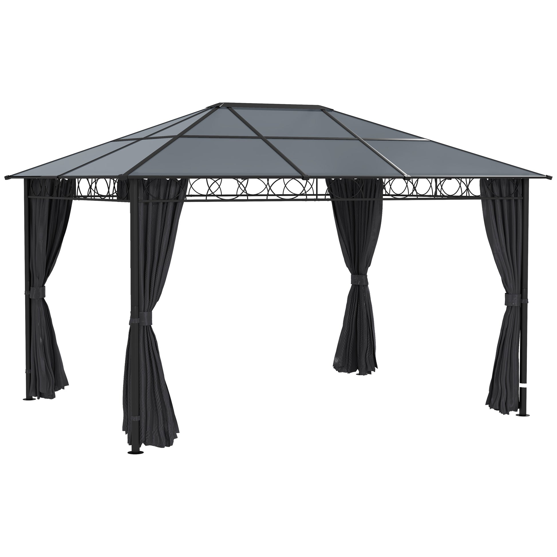 Photo of Outsunny Hardtop Gazebo Garden Pavilion w/ UV Resistant Polycarbonate Roof, Curtains, Steel & Aluminium Frame, 3 x 4(m), Grey in Grey colour on a white background