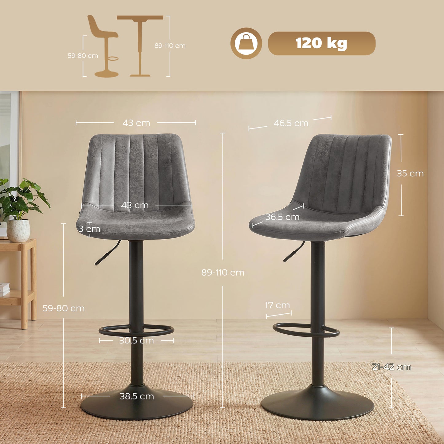 HOMCOM Breakfast Bar Stools Set of 2, 59-80cm Sitting Hight Leather Upholstered Bar Chairs - Grey