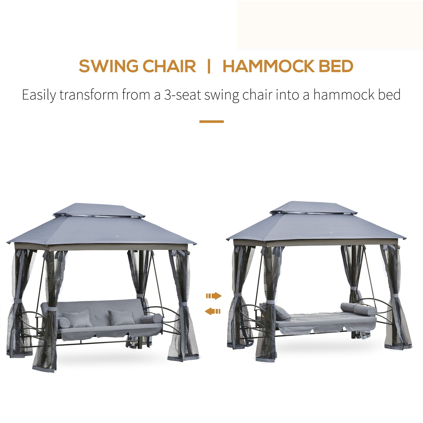 Outsunny 3 Seater Swing Chair 3-in-1 Convertible Garden Swing Seat Bed Gazebo Patio Bench Outdoor with Double Tier Canopy, Cushioned Seat, Mesh Sidewalls, Grey