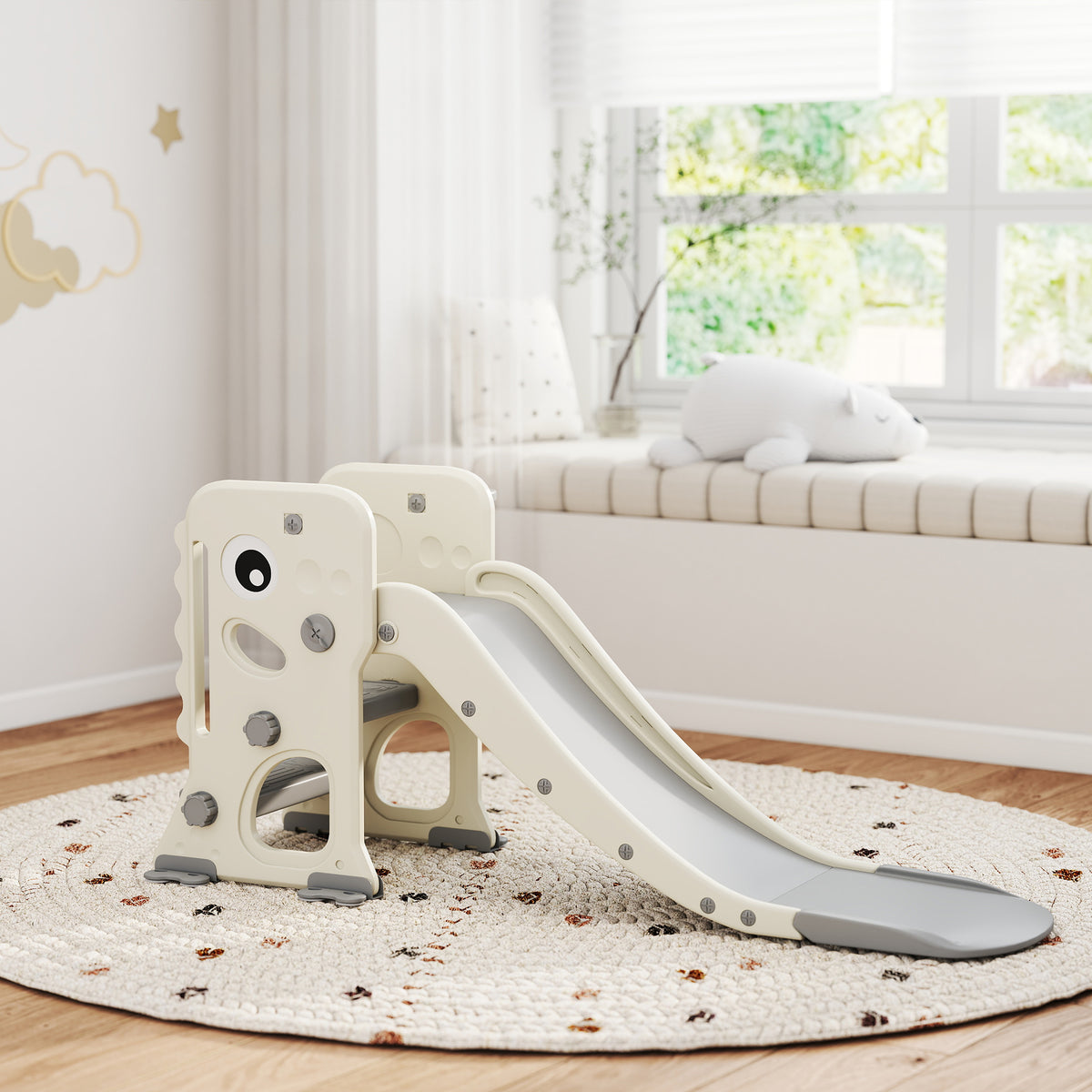 AIYAPLAY 3 in 1 Kids Slide with Climber, Basketball Hoop and Ball, Foldable Indoor Toddler Slide for Ages 2-5, Cream White