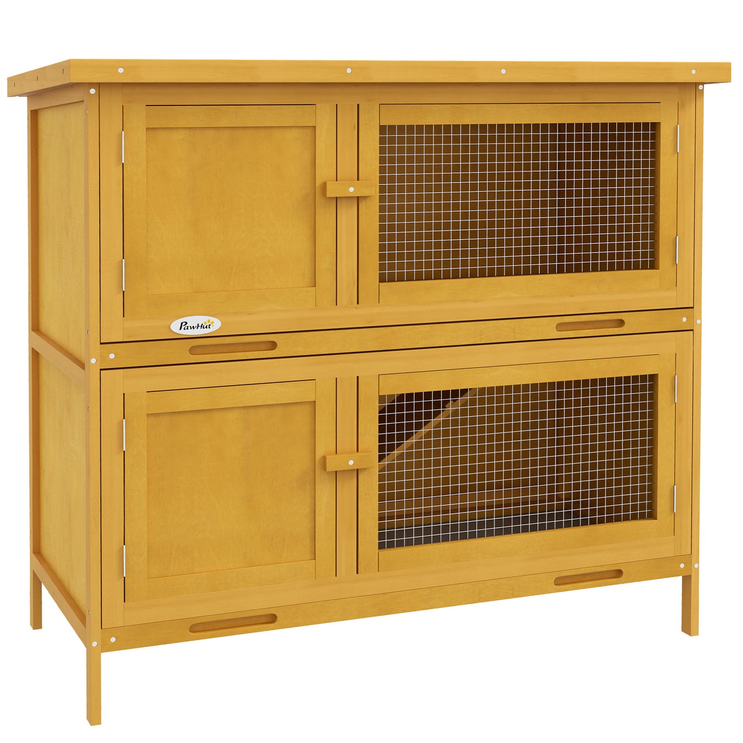 Photo of PawHut Double Decker Rabbit Hutch 2 Tier Guinea Pig House Pet Cage Outdoor with Sliding-out Tray, 97 x 44 x 91cm, Yellow in Yellow colour on a white background