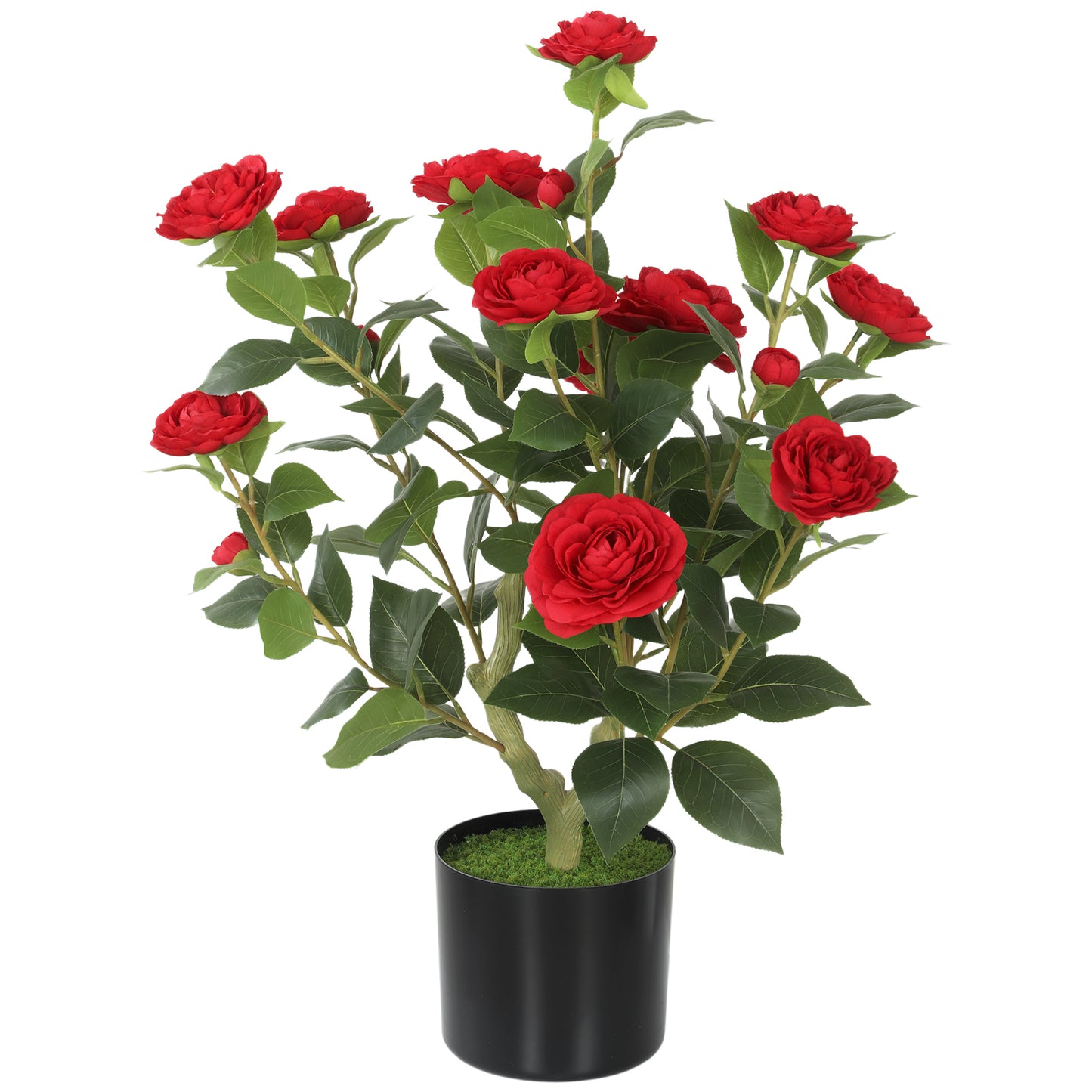 Photo of HOMCOM 65cm Artificial Camellia Flower Plant in Pot with 116 Lush Leaves & Moss Effect, Red in Red colour on a white background