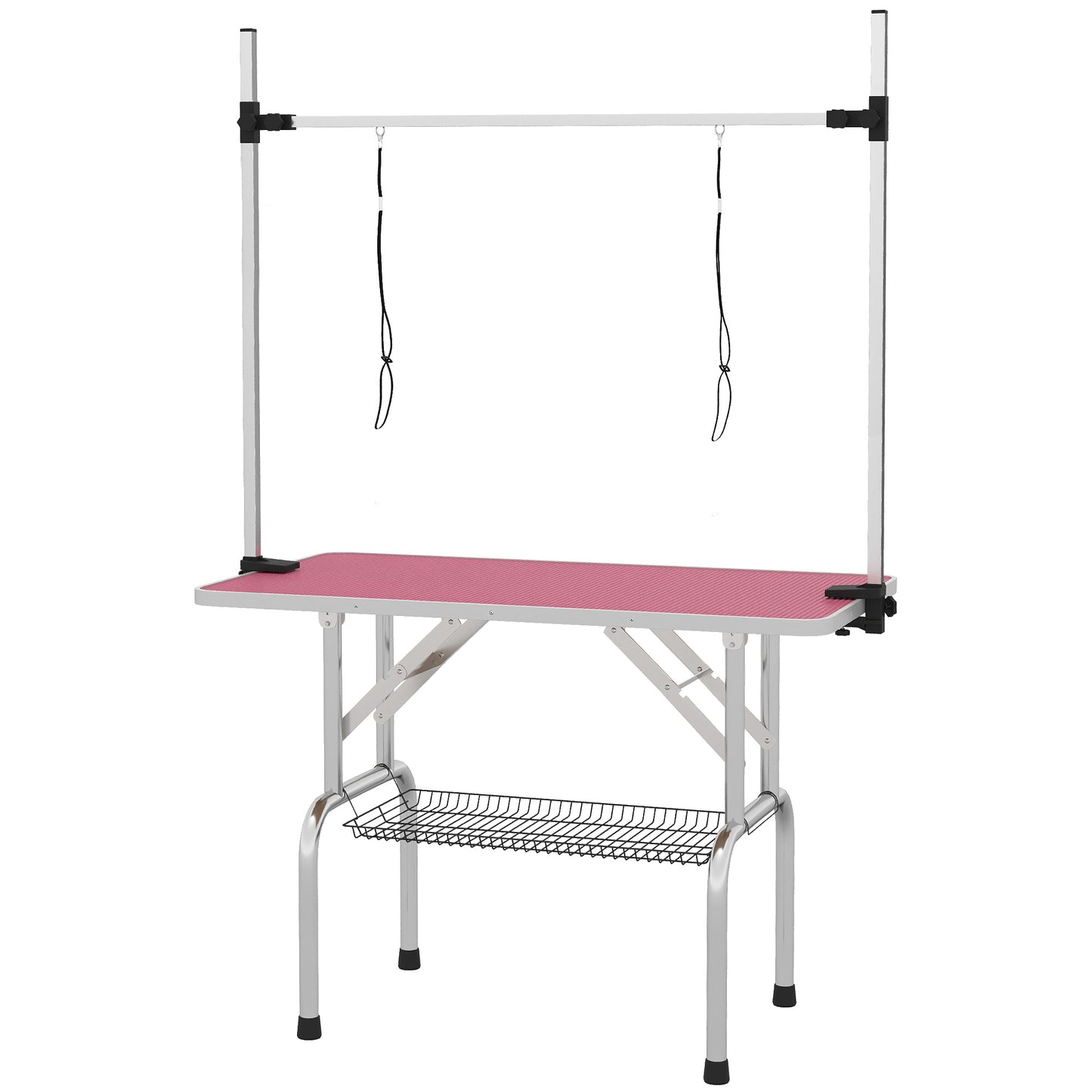 Photo of PawHut 42" Dog Grooming Table, Adjustable Pet Cat Drying Beauty Table with 2 Loops Storage Basket, Rubber Top, Pink in Pink colour on a white background