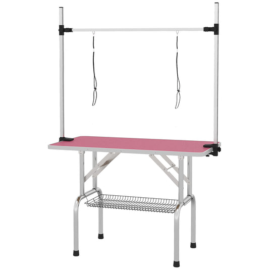 Photo of PawHut 42" Dog Grooming Table, Adjustable Pet Cat Drying Beauty Table with 2 Loops Storage Basket, Rubber Top, Pink in Pink colour on a white background