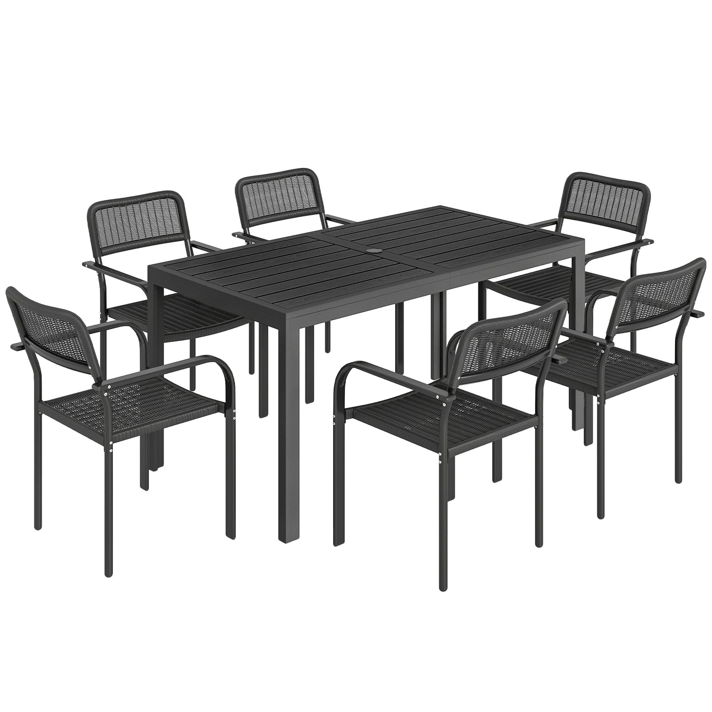 Photo of Outsunny Garden Dining Set for 6, Faux Wood Metal Outdoor Table and Stackable Chairs with Plastic Rattan Effect Seat, Black in Black colour on a white background