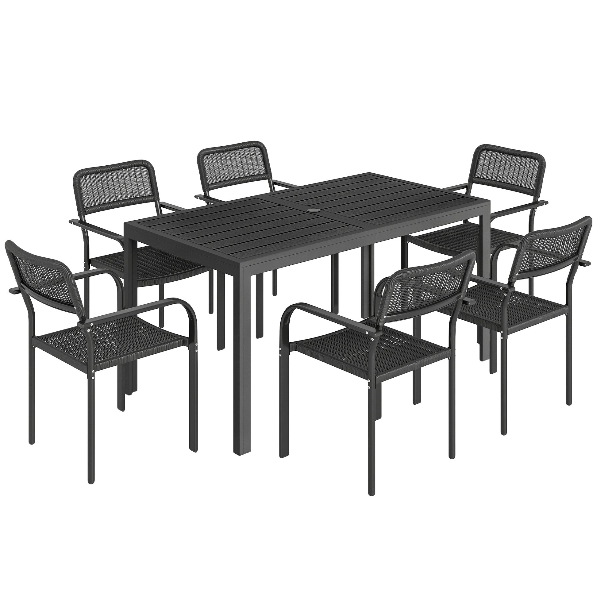 Photo of Outsunny Garden Dining Set for 6, Faux Wood Metal Outdoor Table and Stackable Chairs with Plastic Rattan Effect Seat, Black in Black colour on a white background