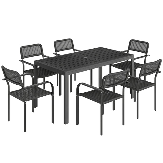 Photo of Outsunny Garden Dining Set for 6, Faux Wood Metal Outdoor Table and Stackable Chairs with Plastic Rattan Effect Seat, Black in Black colour on a white background