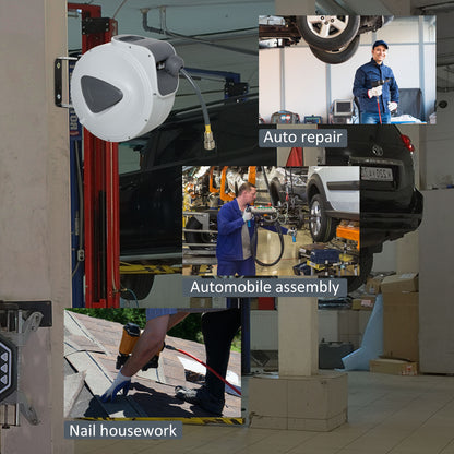 DURHAND retractable air hose reel shown in a vehicle repair workshop