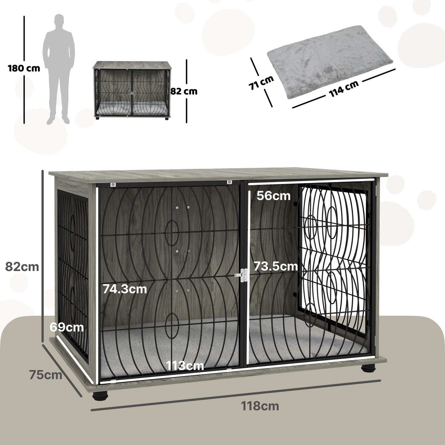 PawHut 46.46'' Dog Crate Furniture End Table w/ Plush Washable Cushion, Lockable Door, for Extra Large Dogs