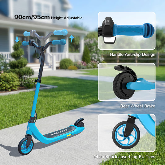 Blue kids' electric scooter with adjustable handlebar, anti-slip grips, rear brake and shock-absorbing tires