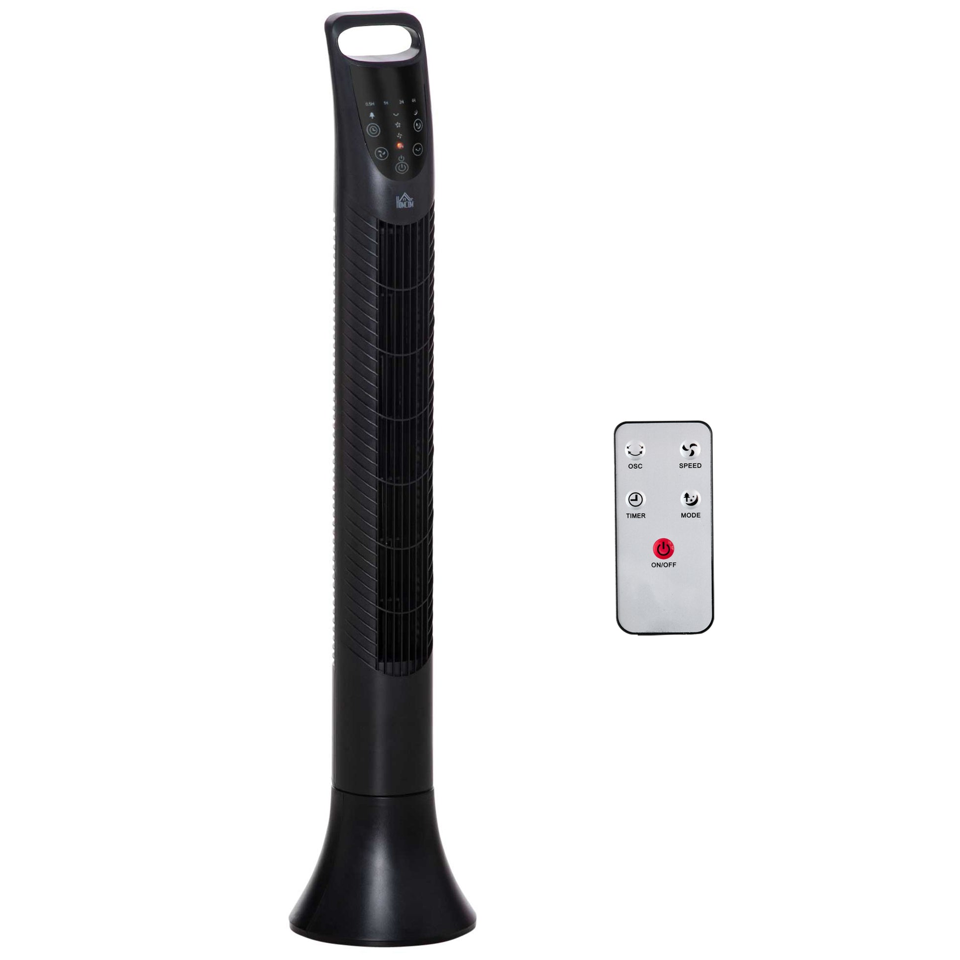 Photo of HOMCOM 36'' Freestanding Tower Fan, 3 Speed 3 Mode, 7.5h Timer, 70 Degree Oscillation, LED Panel, 5M Remote Controller, Black in Black colour on a white background
